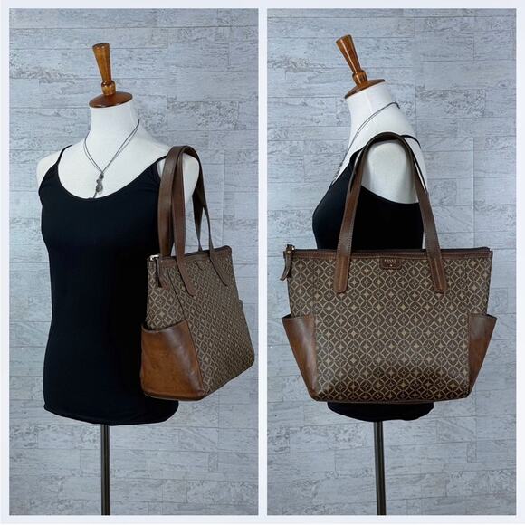 Fossil Mimi signature brown geometric faux leather shopper tote / shoulder bag - Picture 3 of 7